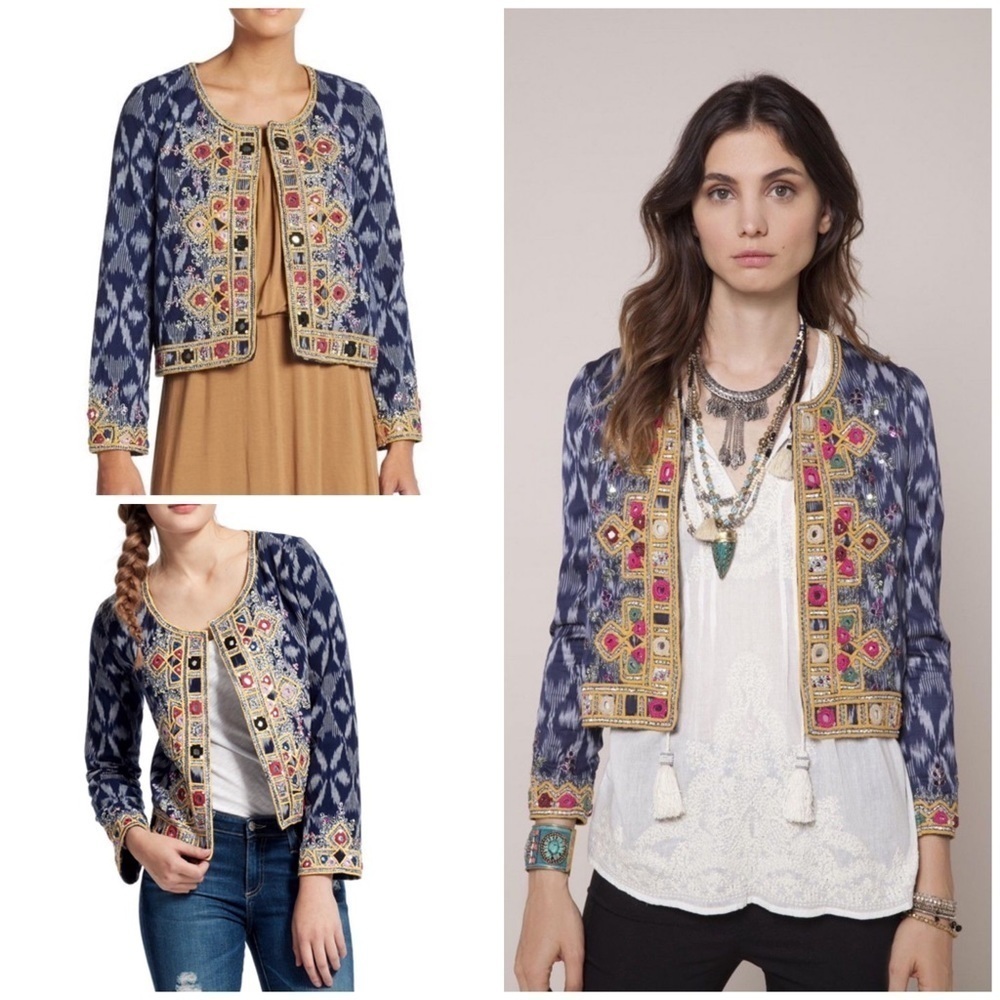 EUC Calypso St. Barth Akillna Embroidered Ikat Mirror Beads Boho Chambray Jacket